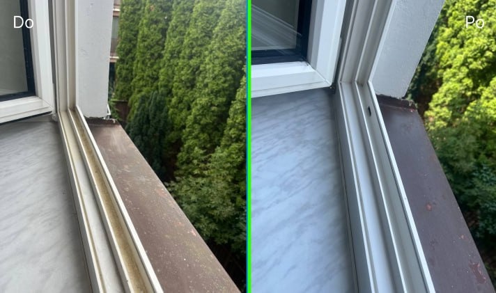 Okno balkonowe przed i po czyszczeniu, widoczne zabrudzenia i efekt po umyciu. Zewnętrzny parapet z widokiem na zieleń. Porównanie stanu okna przed i po usłudze.