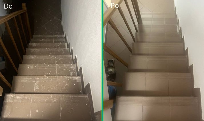 Schody w klatce schodowej przed i po czyszczeniu. Po lewej stronie widoczne zabrudzenia, po prawej czyste, beżowe płytki. Ujęcie z góry, widoczne drewniane poręcze.