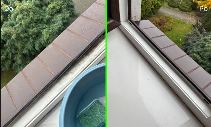 Okno PCV po umyciu, widok z góry. Po lewej strona 'przed' z widocznym brudem i wiadrem z gąbką, po prawej 'po' - czysty parapet i rama okienna.