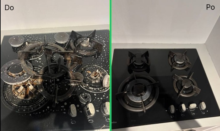 Zdjęcie typu 'przed i po' przedstawia czyszczenie płyty gazowej. Po lewej brudna, zalana płynem, po prawej czysta, błyszcząca. Widoczne pokrętła i palniki.