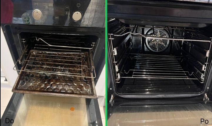 Piekarnik przed i po czyszczeniu: po lewej brudny ruszt i wnętrze, po prawej czysty, lśniący piekarnik. Widoczna różnica w stopniu zabrudzenia.