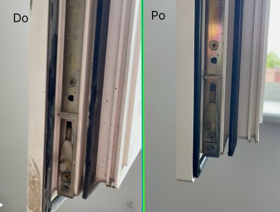 Okno PCV: porównanie stanu zamka przed i po czyszczeniu. Widoczne detale mechanizmu, usunięte zabrudzenia, poprawa estetyki i funkcjonalności.