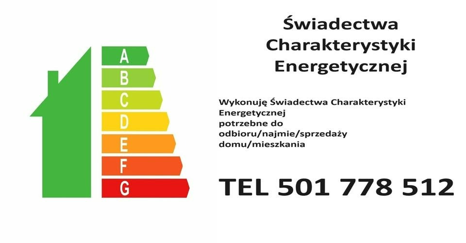 Grafika informacyjna: charakterystyka energetyczna budynku z klasami od A do G, numer telefonu kontaktowego. Usługa świadectwa energetycznego.