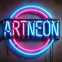 Napis ARTNEON wykonany z neonu w kolorach różu i błękitu, umieszczony na ciemnej, teksturowanej ścianie. Efektowny element dekoracyjny.