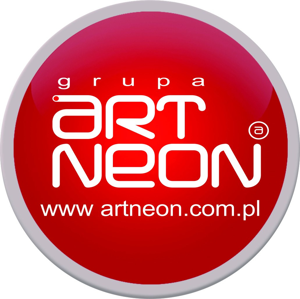 Błyszczące, okrągłe logo z napisem 'grupa Art Neon' w kolorze białym na czerwonym tle, z adresem strony internetowej. Prosta, nowoczesna identyfikacja wizualna.