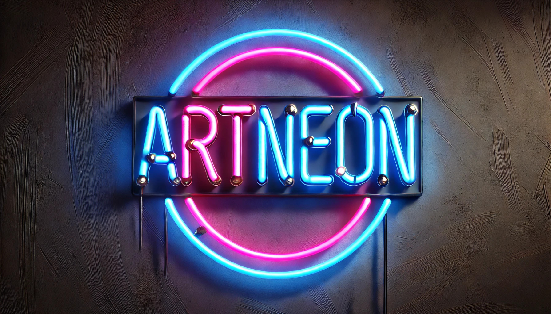 Napis ARTNEON wykonany z neonu w kolorach różu i błękitu, umieszczony na ciemnej, teksturowanej ścianie. Efektowny element dekoracyjny.
