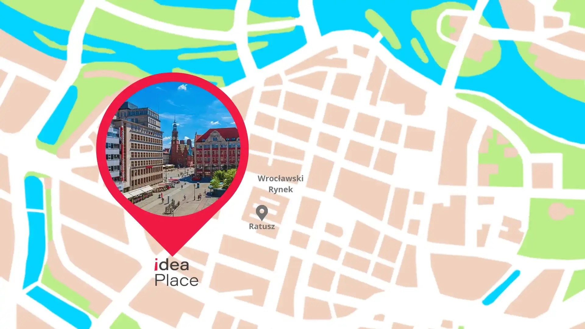 Mapa Wrocławia z pinezką wskazującą na wrocławski Rynek, w której znajduje się zdjęcie Rynku. Logo Idea Place w lewym dolnym rogu.