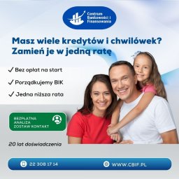 Pomagamy połączyć wiele kredytów i chwilówek w jedną, niższą ratę. Skutecznie, dyskretnie i bez zbędnych formalności, także przy opóźnieniach w BIK. CBIF, 20 lat doświadczenia w finansach.