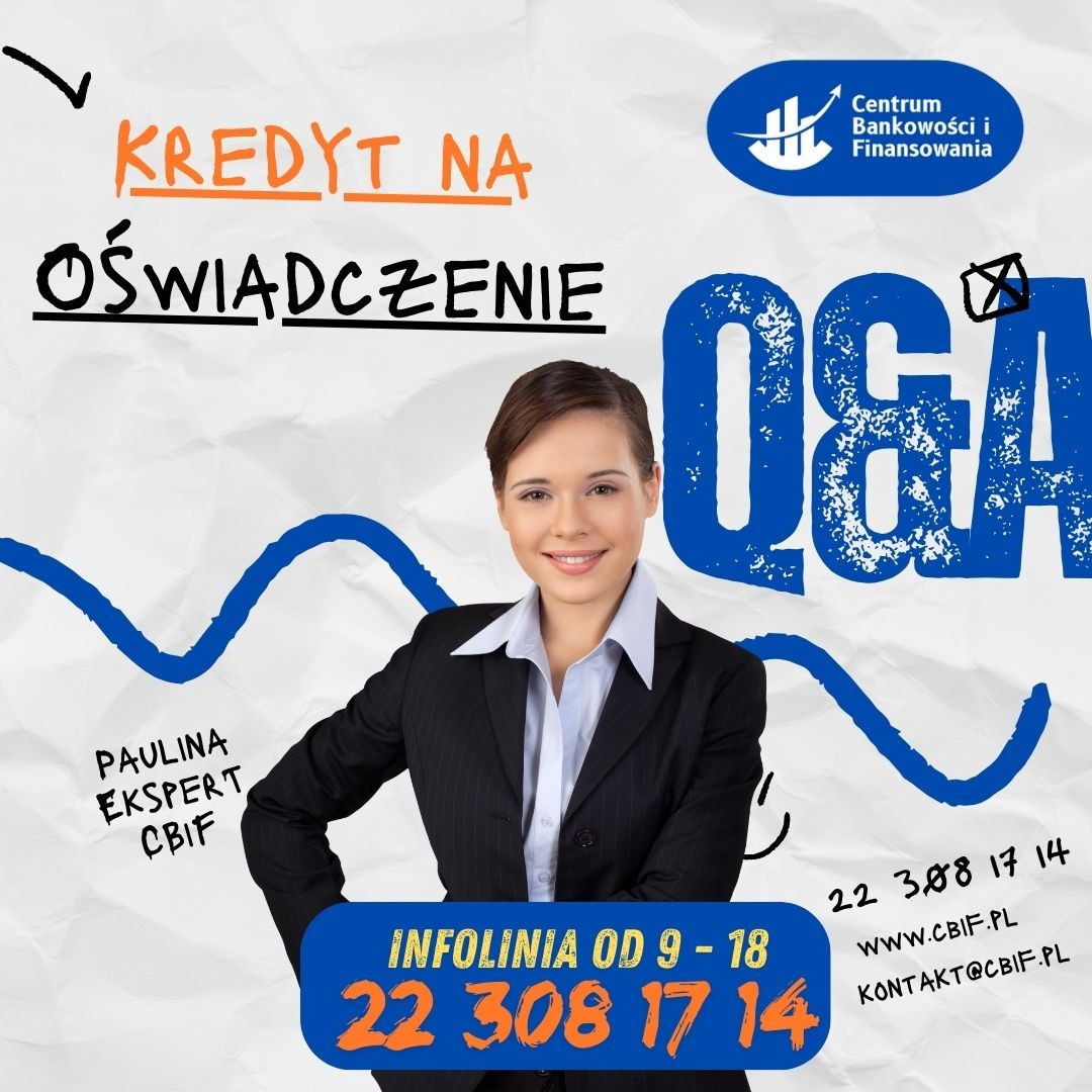 Kredyt na oświadczenie: portret kobiety w garniturze, infolinia CBIF, logo firmy i hasło Q&A na tle pogniecionego papieru z niebieskimi elementami graficznymi.