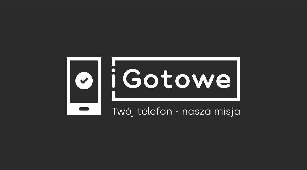 Logo firmy iGotowe: biały smartfon z symbolem akceptacji obok nazwy w ramce, pod spodem slogan 'Twój telefon - nasza misja' na ciemnoszarym tle.