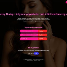 Paweł Turek - Strona internetowa z ofertą intymnych pogadanek online: czat, flirt telefoniczny. Ciemne tło, różowe napisy, kobieca sylwetka w tle. Wybór typu pogadanki i ceny.