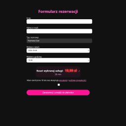 Paweł Turek - Formularz rezerwacji online z polami do wpisania imienia, adresu e-mail, wyboru daty i godziny, oraz akceptacji regulaminu, z różowym przyciskiem rezerwacji.