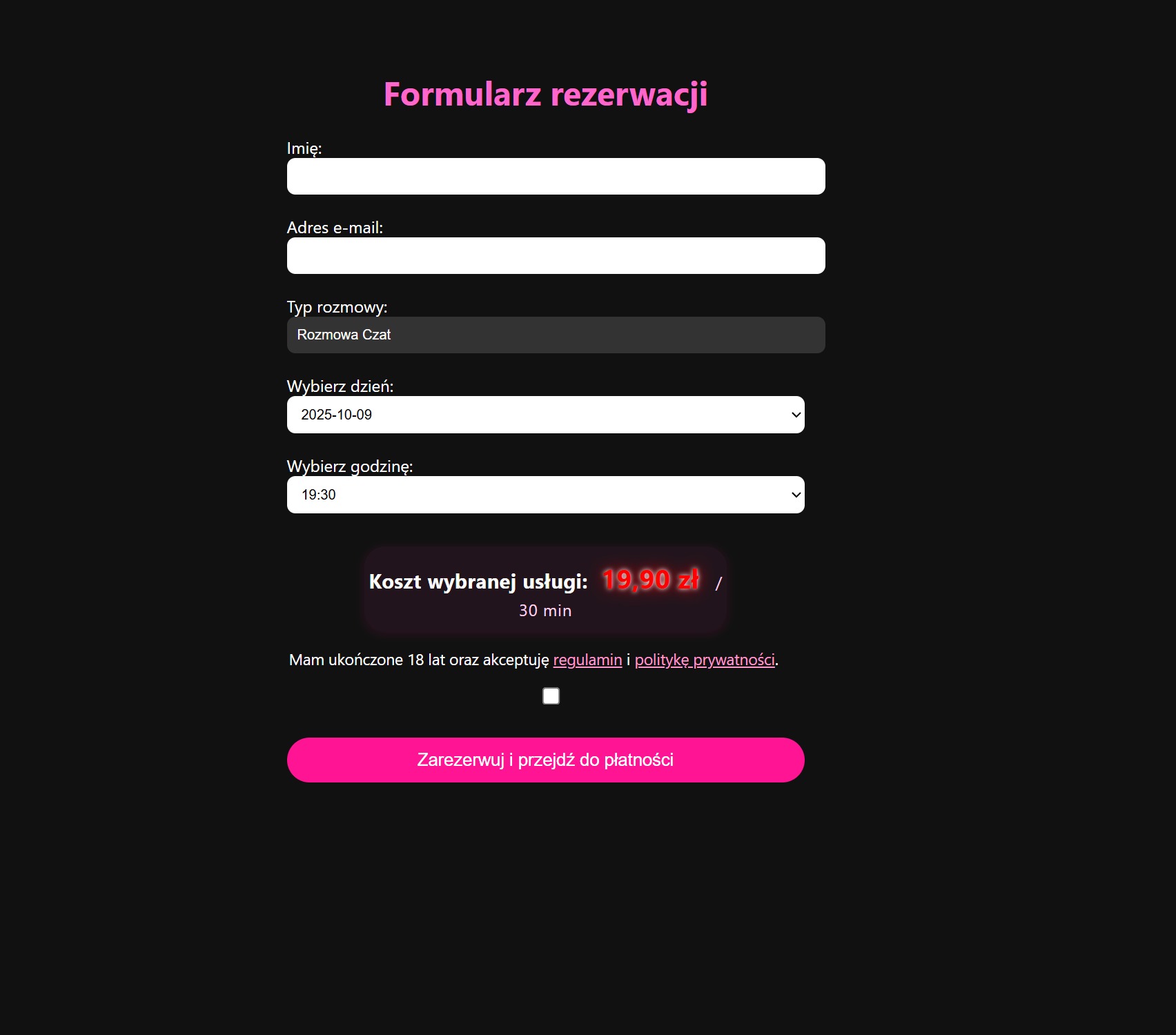Formularz rezerwacji online z polami do wpisania imienia, adresu e-mail, wyboru daty i godziny, oraz akceptacji regulaminu, z różowym przyciskiem rezerwacji.