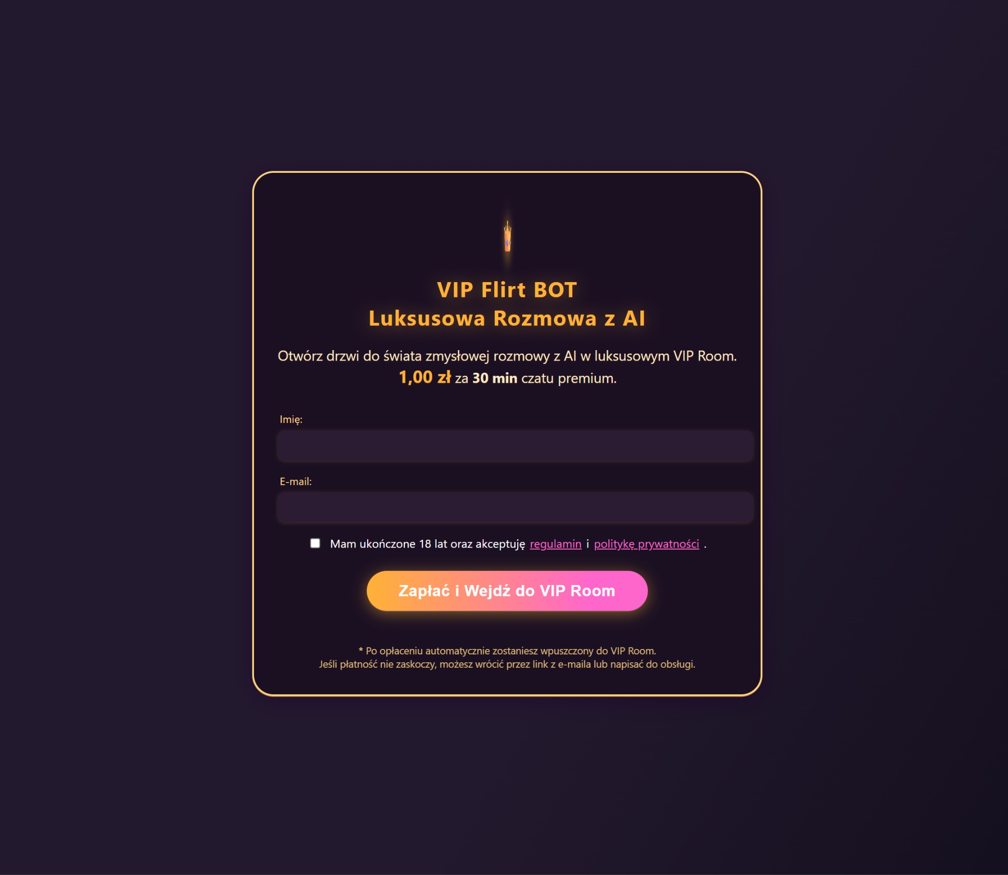 Landing page VIP Flirt BOT z luksusową rozmową z AI. Formularz z polami na imię i e-mail, informacja o akceptacji regulaminu i przycisk 'Zapłać i Wejdź do VIP Room'.