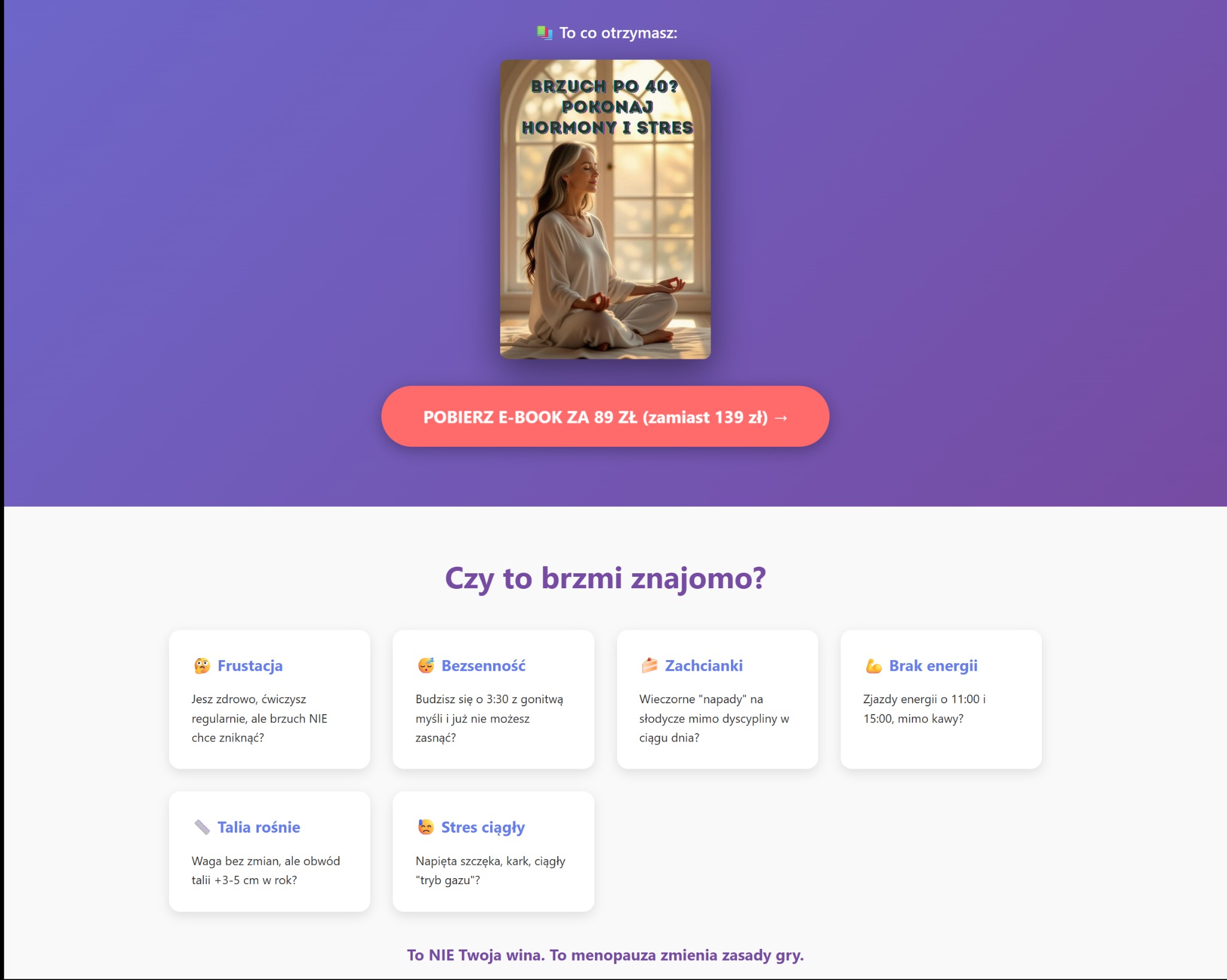 Grafika reklamowa e-booka 'Brzuch po 40? Pokonaj hormony i stres' z kobietą w pozycji lotosu na tle okna. Oferta specjalna: 89 zł zamiast 139 zł.