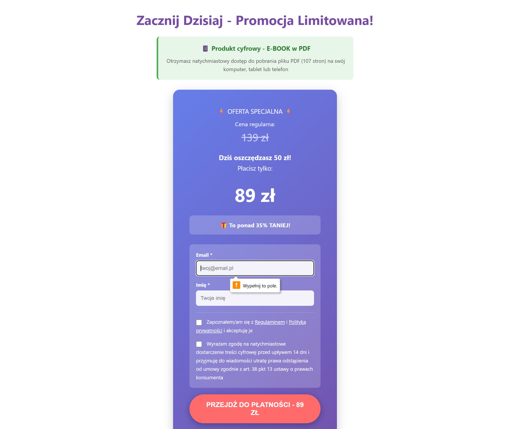 Promocja na e-book w PDF: oferta specjalna z obniżoną ceną, formularz do wpisania emaila i imienia, przycisk 'Przejdź do płatności - 89 zł'.