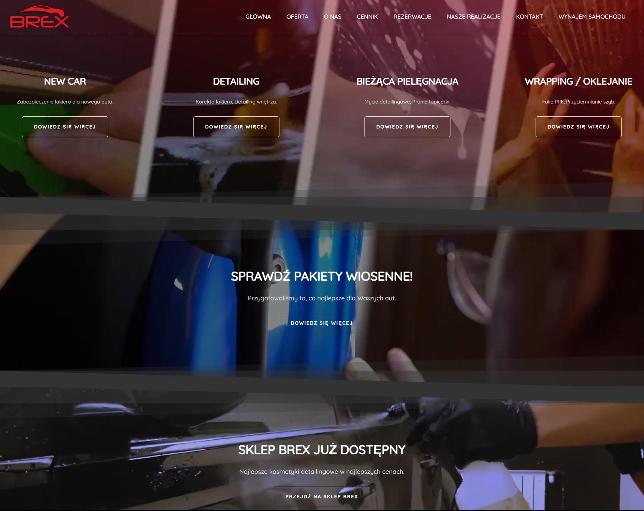 Strona internetowa brex.com.pl z ofertą usług detailingowych: new car, detailing, bieżąca pielęgnacja, wrapping/oklejanie. Widoczne menu strony.