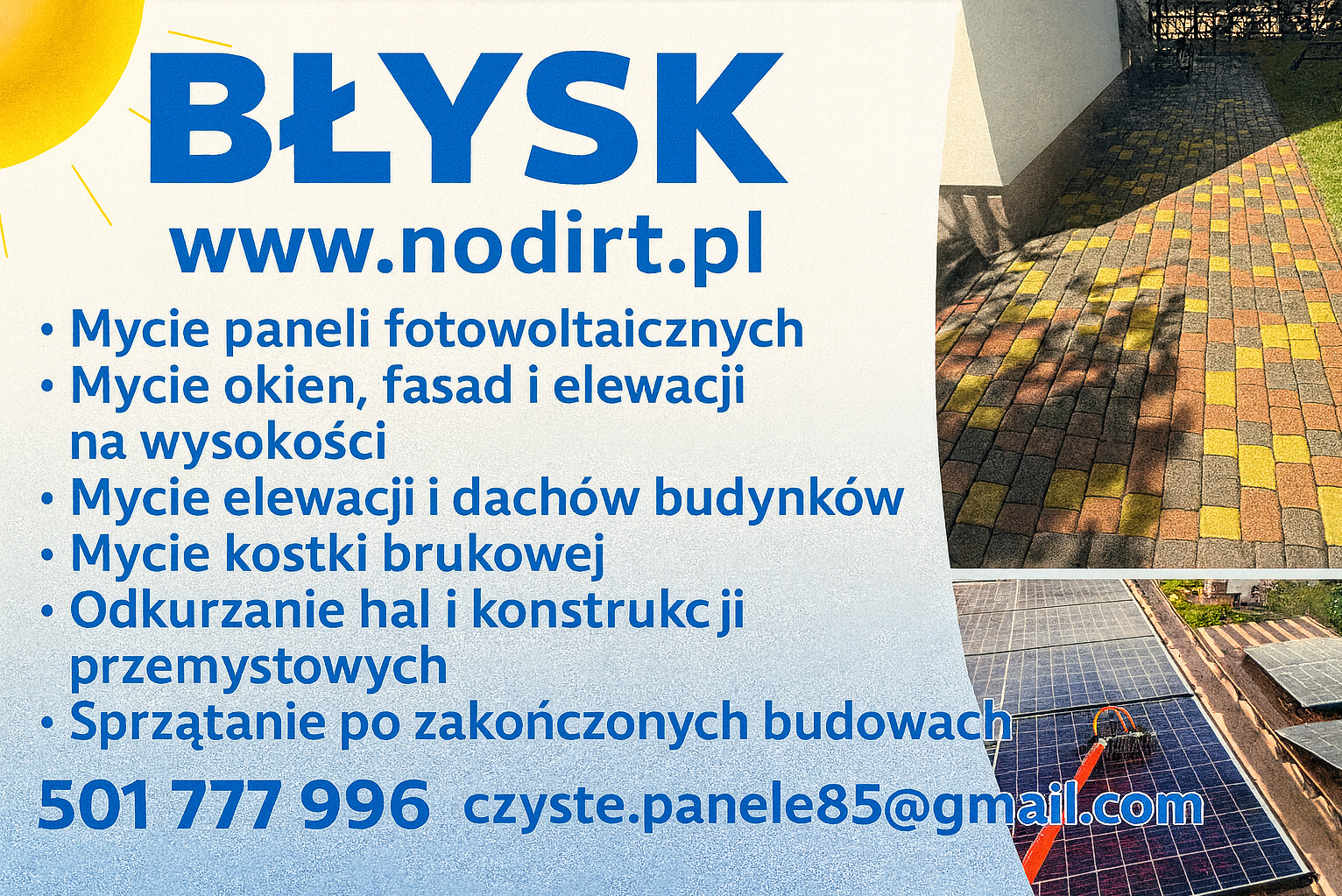 Baner reklamowy firmy Błysk z ofertą mycia paneli fotowoltaicznych, okien, elewacji, dachów, kostki brukowej oraz sprzątania po budowach. Widoczna kostka po myciu i panele w trakcie czyszczenia.