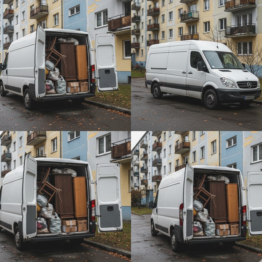 Biały van z otwartymi drzwiami bagażnika, wypełniony meblami i workami, stoi na tle bloku mieszkalnego. Widoczne detale: skrzynia biegów, opony, budynek.