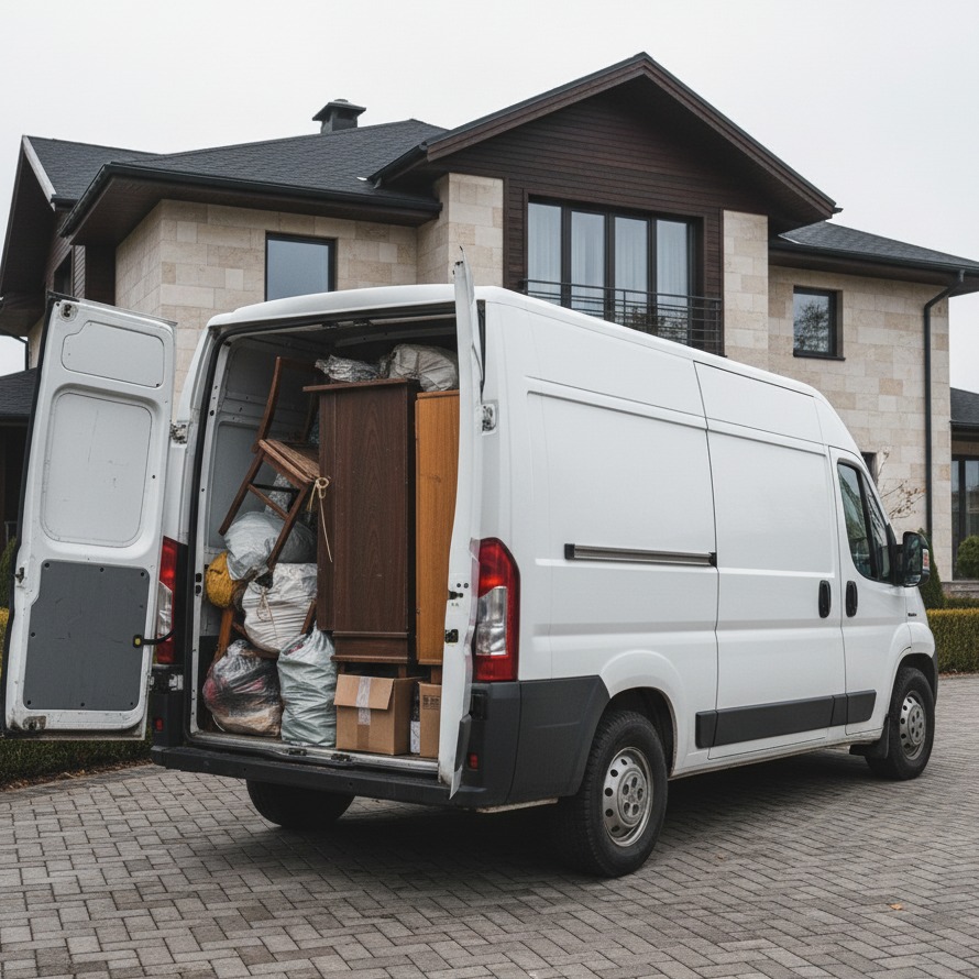 Van wypełniony meblami i kartonami na tle domu. Otwarta przestrzeń ładunkowa, gotowa do transportu. Usługa przeprowadzkowa w eleganckim stylu.