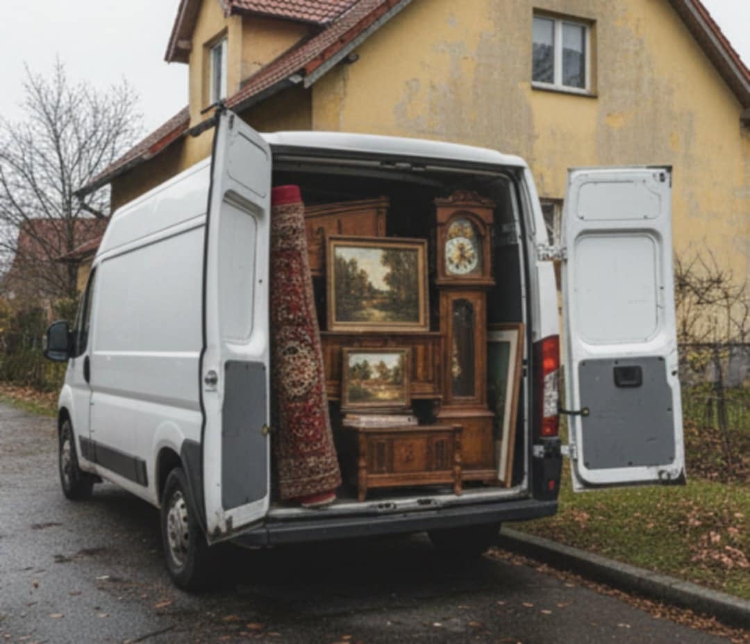 Wnętrze białego furgonu wypełnione antykami: zegar, obrazy w ramach, dywan. Otwarta przestrzeń ładunkowa, dom w tle. Detal: czerwony dywan wystaje z tyłu.
