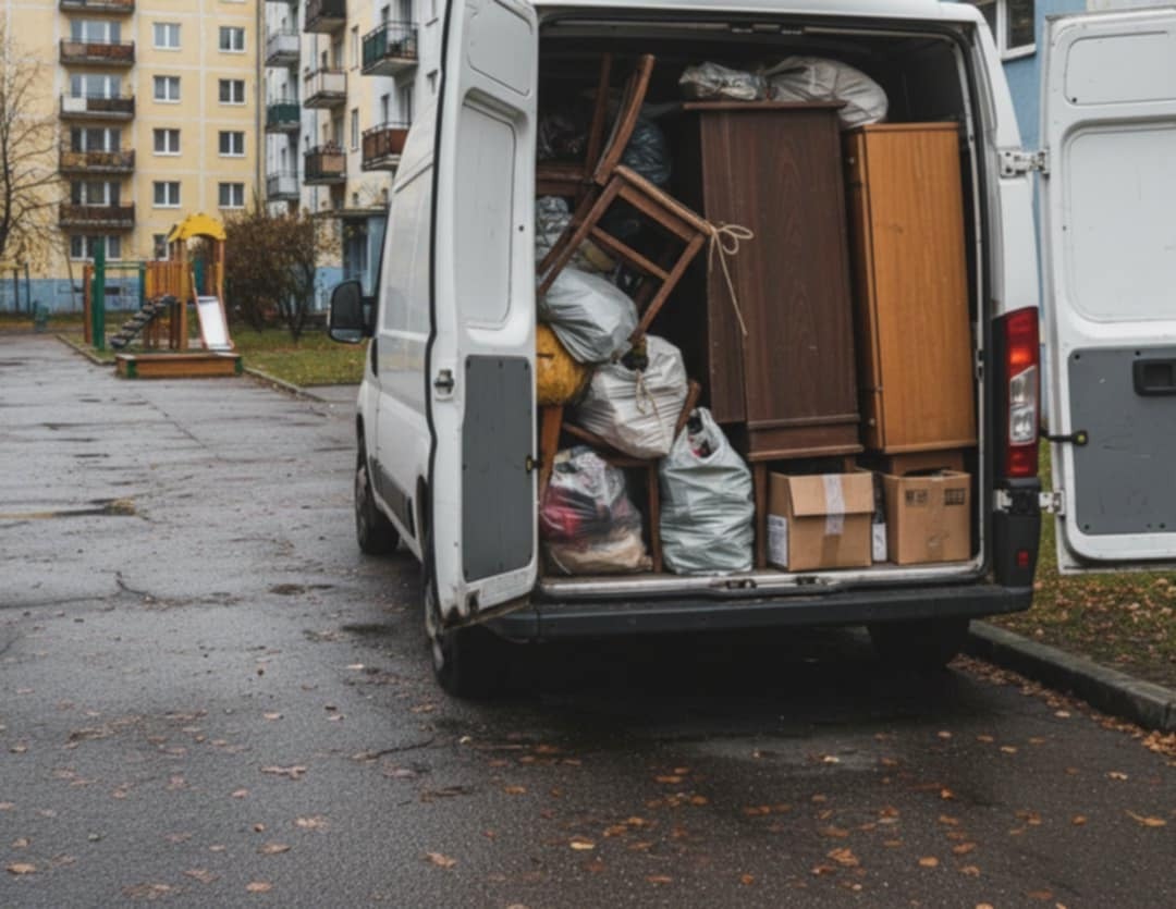 Furgonetka z otwartymi drzwiami załadowana meblami i workami, na tle placu zabaw i bloku mieszkalnego. Widok z tyłu pojazdu.