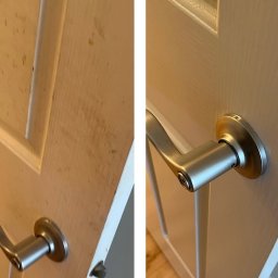 Aneta Sadowska - Drzwi wewnętrzne przed i po czyszczeniu. Po lewej stronie widoczne zabrudzenia, po prawej czyste drzwi z metalową klamką. Widoczna różnica w wyglądzie.