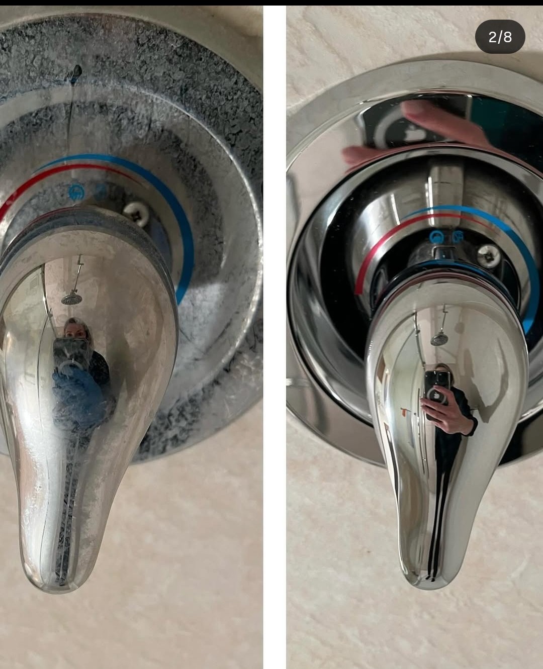 Kran w łazience przed i po czyszczeniu, widoczne osady kamienia usunięte, chromowany metal lśni, odbicie osoby robiącej zdjęcie w uchwycie.