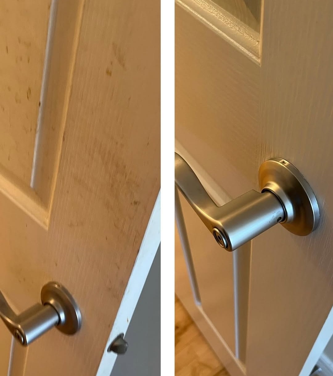 Drzwi wewnętrzne przed i po czyszczeniu. Po lewej stronie widoczne zabrudzenia, po prawej czyste drzwi z metalową klamką. Widoczna różnica w wyglądzie.