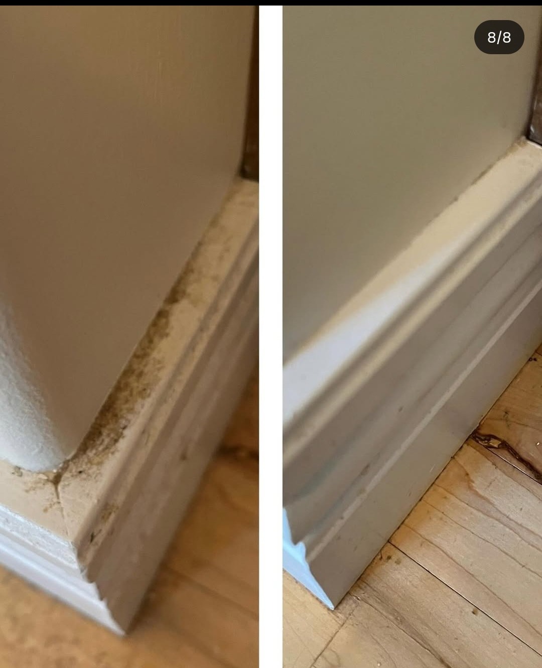 Listwa przypodłogowa: widok przed czyszczeniem, z widocznym brudem i kurzem, oraz po czyszczeniu, ukazując czystą powierzchnię i odnowiony wygląd.