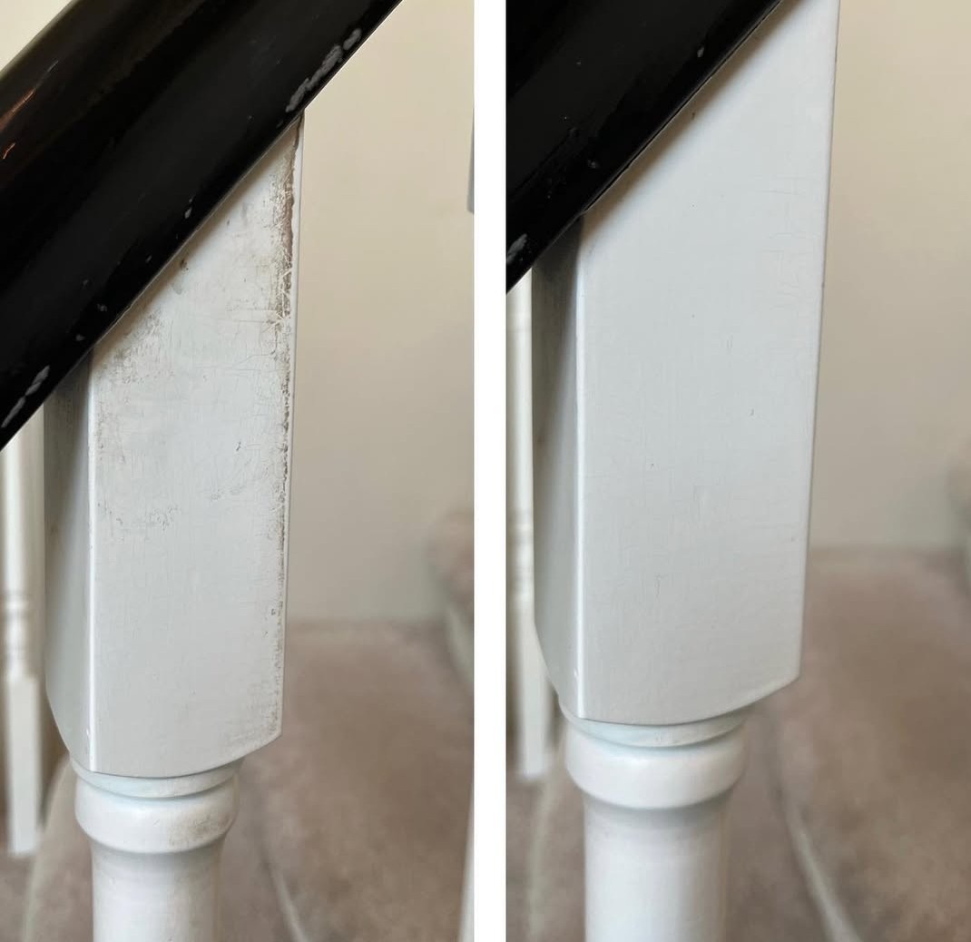 Porównanie balustrady schodowej: 'przed' - zabrudzona, 'po' - świeżo pomalowana na biało. Widoczna czarna poręcz. Ukazany efekt czyszczenia i malowania.