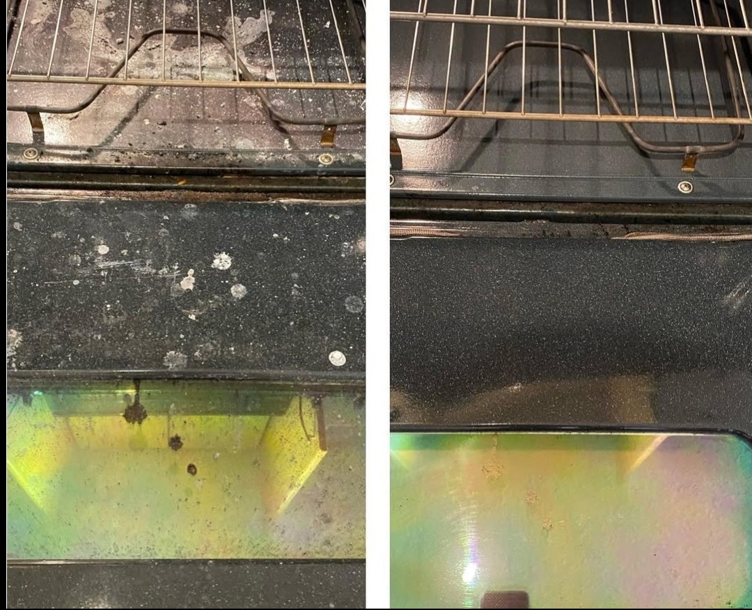 Piekarnik przed i po czyszczeniu: brudne wnętrze z przypaleniami vs. lśniąca czystość, widoczne drzwiczki i ruszt. Kontrastowe ujęcie prezentuje efekt sprzątania.