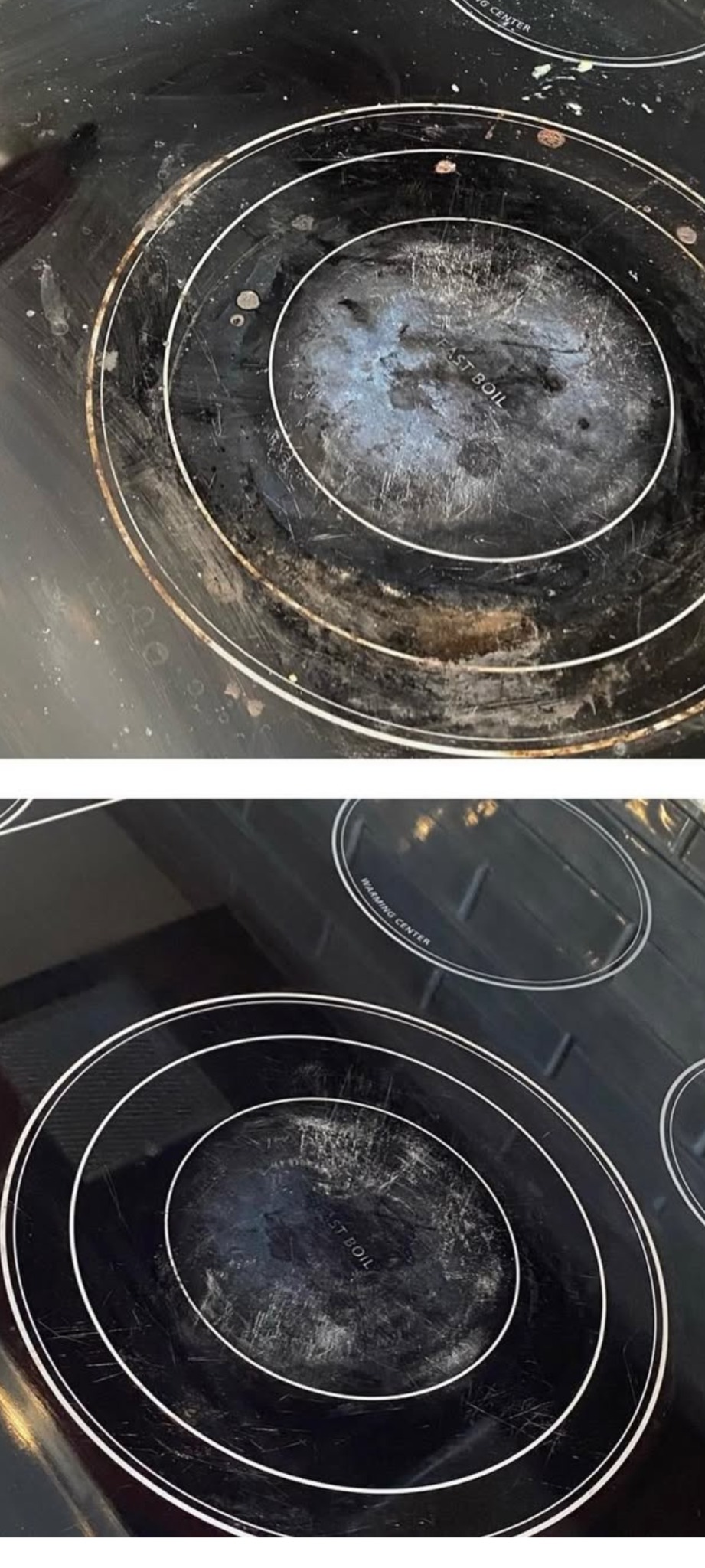 Płyta indukcyjna: widok przed czyszczeniem, z przypaleniami i zabrudzeniami, oraz po czyszczeniu, z widocznym połyskiem i usuniętymi zanieczyszczeniami.