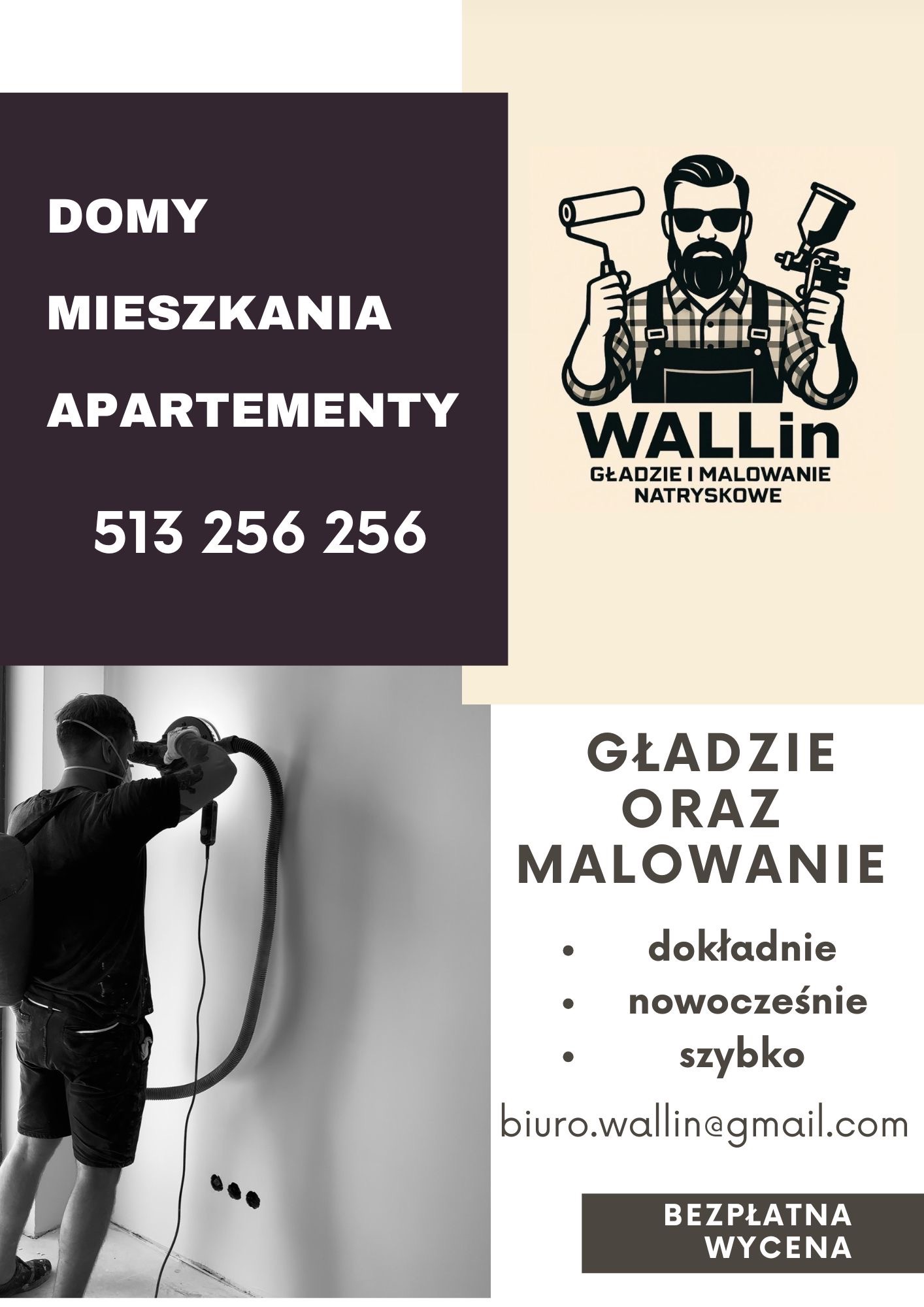 Plakat firmy Wallin: gładzie i malowanie natryskowe. Pracownik szlifuje ścianę, domy, mieszkania, apartamenty, kontakt telefoniczny, bezpłatna wycena.