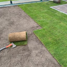 Ogrody Romana - Rozkładanie trawy z rolki na przygotowanym gruncie. Widoczny fragment ułożonej trawy, rolka trawy oraz toporek. W tle ogrodzenie i budynek.