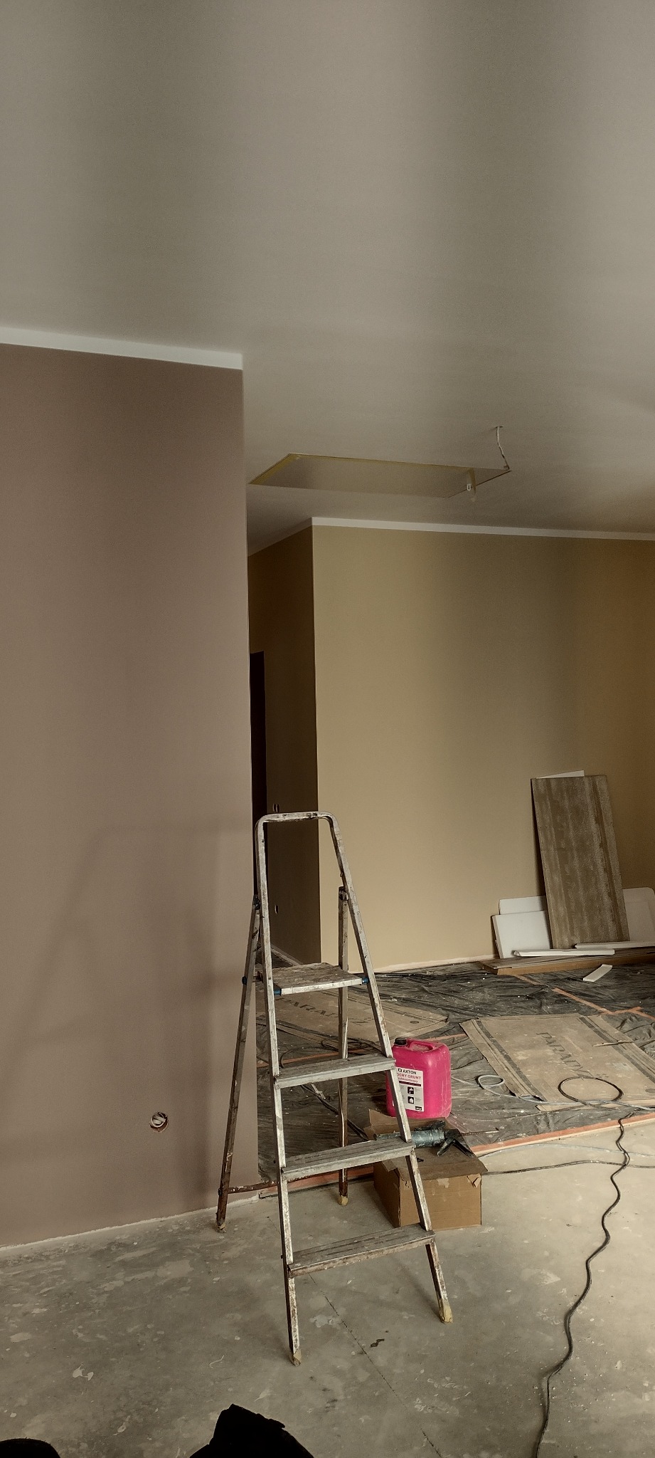 Wnętrze w trakcie prac malarskich: ściana w odcieniach brązu, drabina malarska i pojemnik z gruntem. Widoczne przygotowania do malowania sufitu.