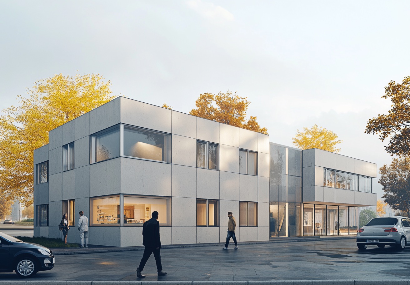 Dwukondygnacyjny budynek biurowy z elewacją z paneli w odcieniach szarości. Widoczne duże okna, fragment ulicy z przechodniami i samochodami, jesienne drzewa.