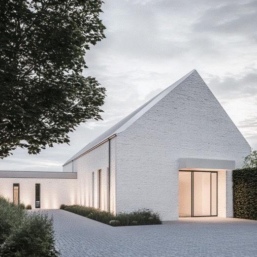 Wizualizacja nowoczesnego domu jednorodzinnego z białą ceglaną elewacją, minimalistyczną bryłą i dużymi przeszkleniami. Na pierwszym planie brukowany podjazd.