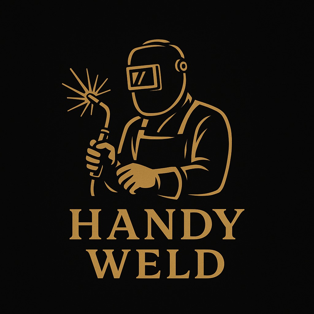 Grafika złotego spawacza w masce z narzędziem na czarnym tle. Napis 'HANDY WELD' poniżej. Ilustracja prezentuje usługi spawalnicze.