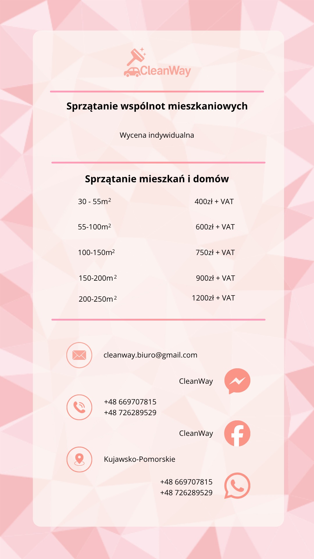 Grafika z cennikiem usług sprzątania CleanWay: mieszkań, domów i wspólnot mieszkaniowych. Kontakt: e-mail, numery telefonów, Facebook, Messenger, WhatsApp. Lokalizacja: Kujawsko-Pomorskie.