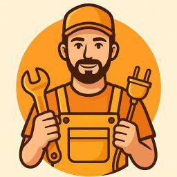 Złota rączka 24h - Ilustracja hydraulika w pomarańczowym kombinezonie, trzymającego klucz francuski i wtyczkę elektryczną na tle pomarańczowego koła.