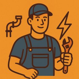 Złota rączka 24h - Ilustracja hydraulika w kombinezonie z kluczem, obok symbol instalacji i pioruna na pomarańczowym tle. Grafika w stylu flat design.