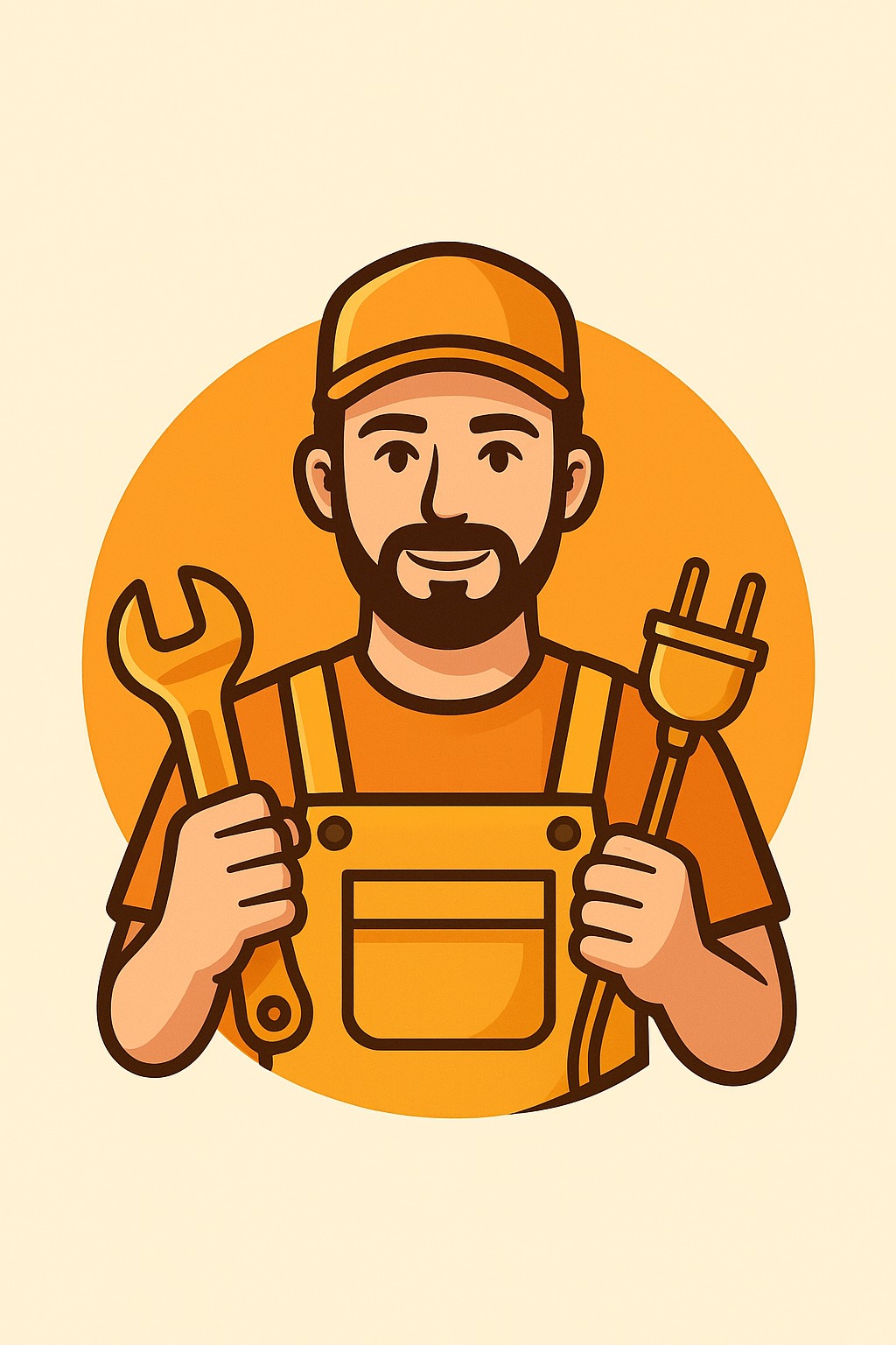 Ilustracja hydraulika w pomarańczowym kombinezonie, trzymającego klucz francuski i wtyczkę elektryczną na tle pomarańczowego koła.