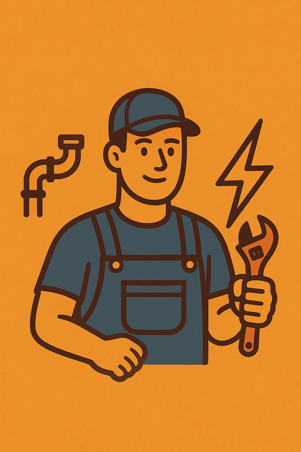 Ilustracja hydraulika w kombinezonie z kluczem, obok symbol instalacji i pioruna na pomarańczowym tle. Grafika w stylu flat design.