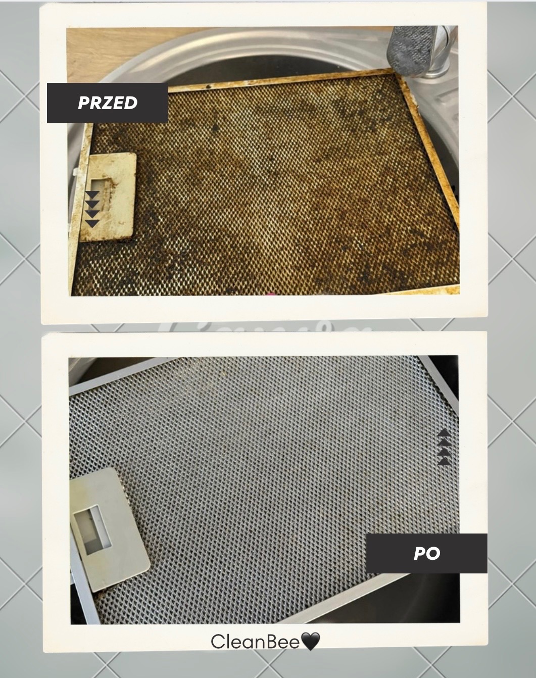 Filtr okapu kuchennego przed i po czyszczeniu. Widoczne silne zabrudzenia tłuszczem i kurzem w górnej części oraz czysty filtr w dolnej części. Efekt 'przed i po'.