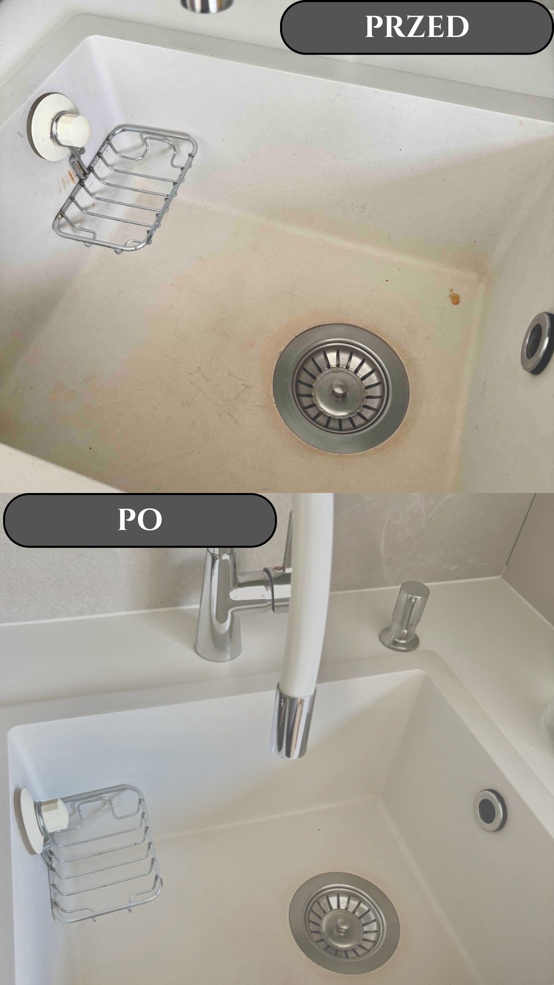 Zlewozmywak kuchenny przed i po czyszczeniu: widoczne uporczywe zabrudzenia usunięte, powierzchnia idealnie biała. Efekt czyszczenia z bliska.