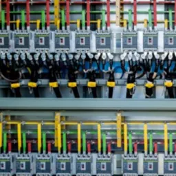 Rozdzielnica elektryczna z bezpiecznikami, okablowaniem w kolorach: żółtym, zielonym i czerwonym. Widoczne czarne przewody z żółtymi oznaczeniami.