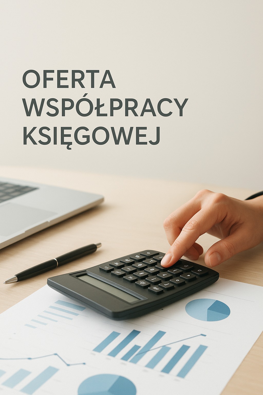 Oferta współpracy: dłoń na kalkulatorze, obok laptop, długopis i wykresy. Neutralne tło, stonowana kolorystyka, bliski kadr.