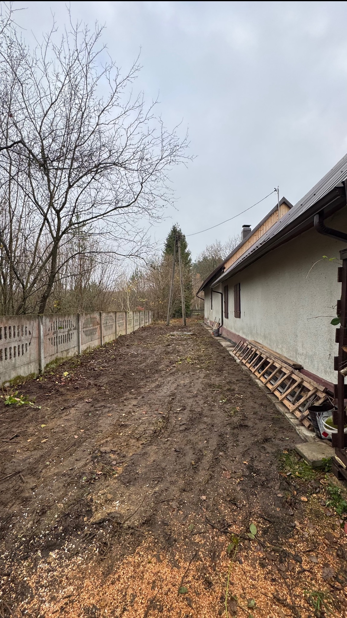 Przygotowany teren pod zakładanie ogrodu: wyrównana ziemia, widoczny płot betonowy i budynek z drewnianymi elementami. Ślady po wycince drzew.