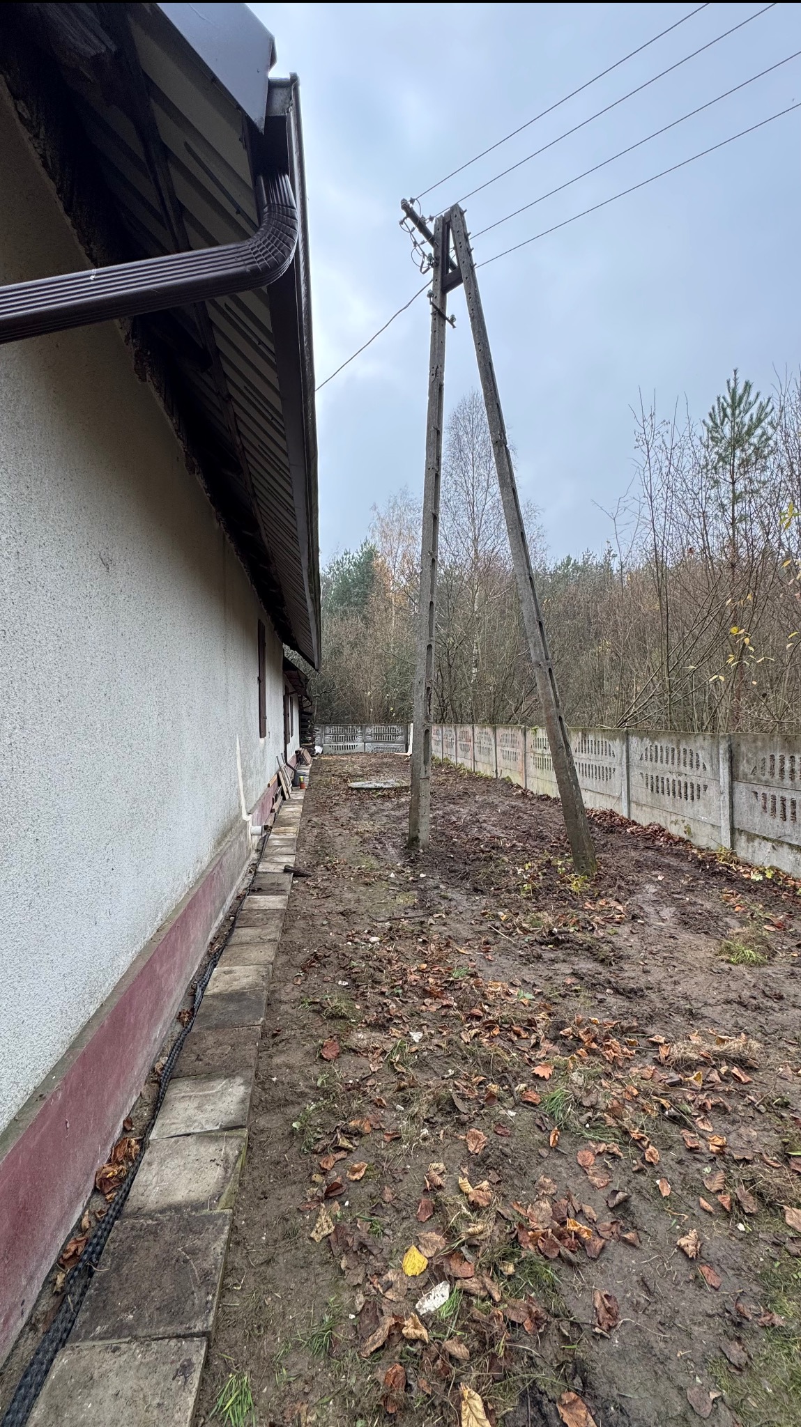 Jesienne porządki w Chrzanowie: Ujęcie z boku domu z widocznymi liśćmi na ziemi, betonowym ogrodzeniem i słupami energetycznymi. Przygotowanie terenu pod przyszłe prace.